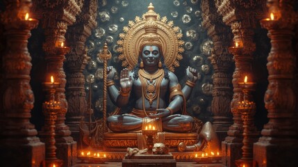 Fototapeta premium Sacred deity statue adorned with golden jewelry seated in meditative pose within intricately carved