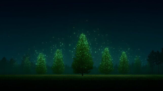 with glowing trees and digital particles floating in the air creating surreal nature