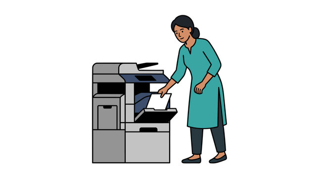 Vector illustration of an office worker using a large multifunction printer machine.