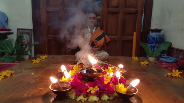 Serene ritual scene featuring glowing lamps incense and floral decorations on wooden table with oil