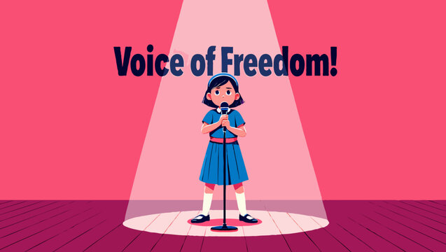 Girl on stage with microphone illustration for voice freedom concept