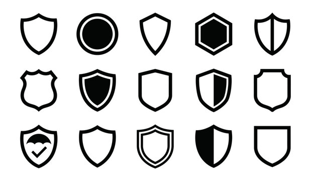 A comprehensive vector illustration set featuring various shield icons and security badge shapes for modern web design projects