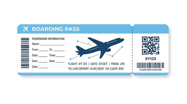 Modern boarding pass design showing flight details with stylized airplane icon route markers against light blue background template with template