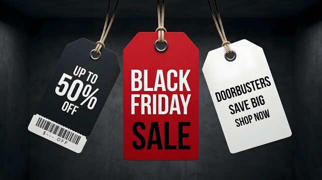 Creative Black Friday sale hanging price tags with fifty percent off discount and shop now text.