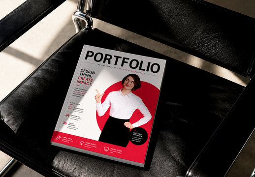 Modern Portfolio Magazine Mockup on Leather Chair