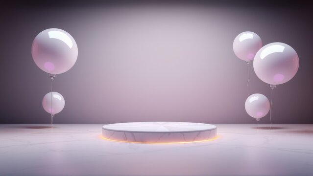 Minimalist stage setup. Round platform, balloons float nearby. Soft lighting creates dreamy atmosphere. Focus on presentation space.