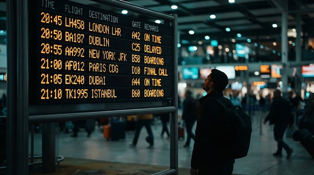 Modern airport passenger checking digital flight board with departure times with status updates multiple international flights terminal showing departure