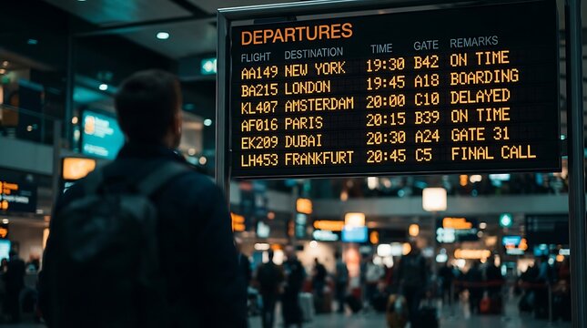 Modern airport digital departure board showing flight times and gate information in busy terminal with listing multiple international destinations times