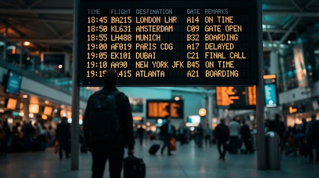 Modern airport digital departure board showing international flight status updates with travelers in background with framed travelers motion under warm indoor lighting