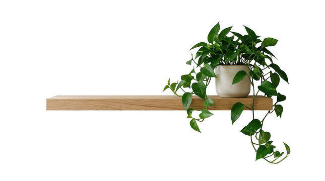 Floating wooden shelf with potted plant isolated on transparent background
