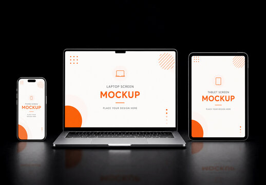 Responsive Device Mockup Smartphone Laptop and Tablet on Dark Background