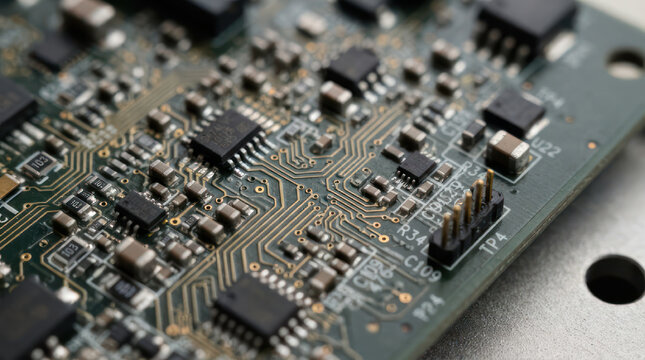 Close up of a complex electronic circuit board with many components 2.