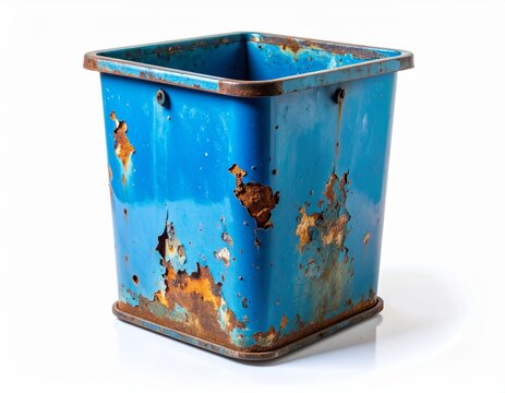 Old rusty blue metal container without lid isolated on white background, open square vintage bin with rust and peeling paint, empty aged waste box, junk storage and corrosion texture concept