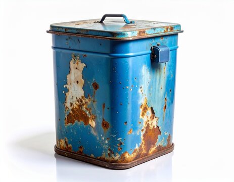 Old rusty blue metal trash can with lid isolated on white background, vintage square garbage bin with peeling paint and corrosion, aged waste container, junk disposal and recycling concept