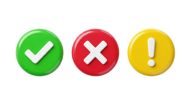 3d render of green check mark, red cross mark, and yellow exclamation mark isolated on transparent background
