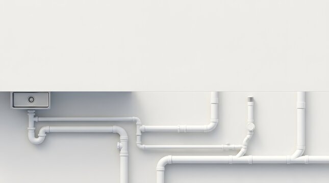 Conceptual illustration showing intricate white drainage piping system underneath kitchen sink mounted on plain white surface.