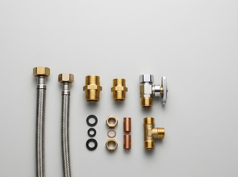 Selection of plumbing supplies featuring braided flexible hoses brass nipples t-joint valve and copper sleeves on gray surface.