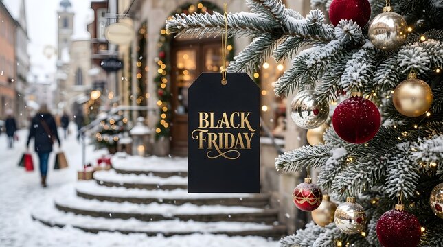Black Friday tag hanging on a snowy Christmas tree with blurred festive street background view.