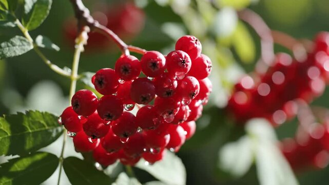 Red rowan berries with water droplets on green branch