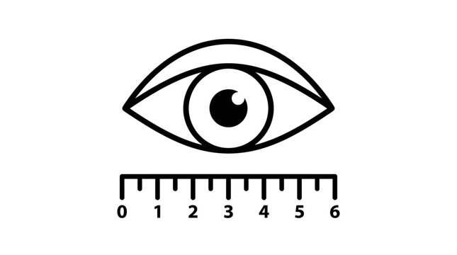 A minimalist black and white icon featuring a human eye positioned above a measurement ruler.
