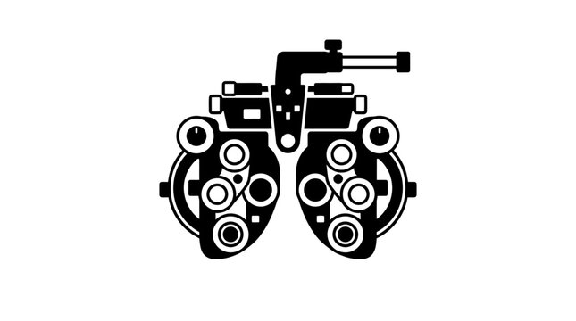 A black silhouette illustration of an optometry phoropter used for eye examinations.