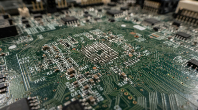 Detailed Close Up of a Complex Computer Motherboard Circuit Board.