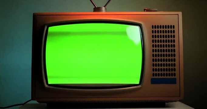 Vintage Television Set with Bright Green Screen for Chroma Key Compositing.