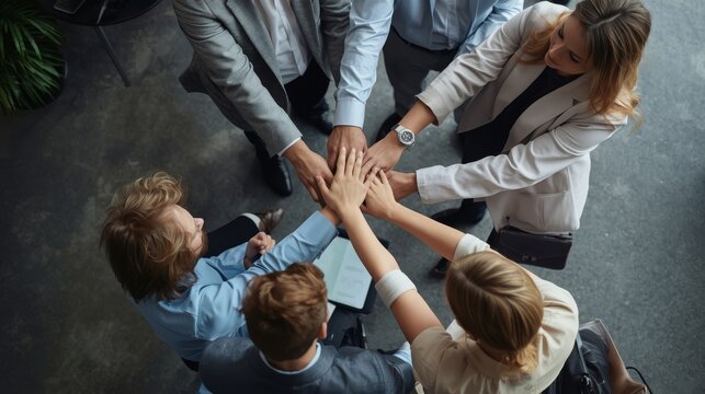 Successful business team members stacking hands together in a circle, top view of corporate unity
