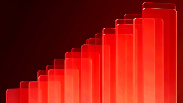 Abstract red glass rectangles arranged in a rising growth chart formation showcasing digital success with vibrant neon lighting and depth