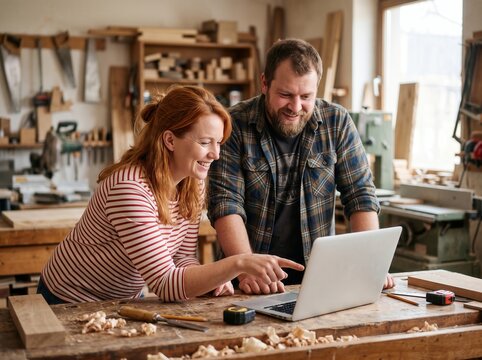Woman and man looking at laptop screen in woodworking shop with wooden planks tools and workbench in background