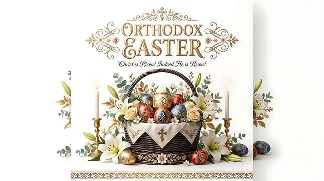 Orthodox Easter greeting card design. Religious holiday poster with decorated egg basket.