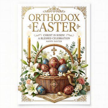 Orthodox Easter greeting card with decorated eggs. Religious holiday poster with floral decor.