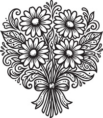 Fototapeta premium Ornate Daisy Flower Bouquet Line Art - Decorative Floral Bunch Tied with Ribbon Vector Illustration