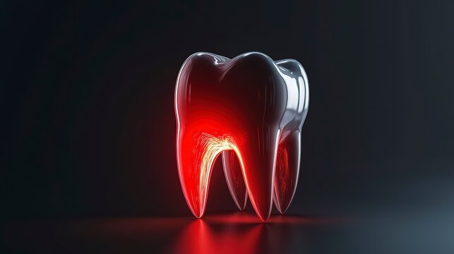 A stylish tooth model stands brightly illuminated against a dark backdrop, creating an enchanting contrast. The glowing design highlights its curves and natural features