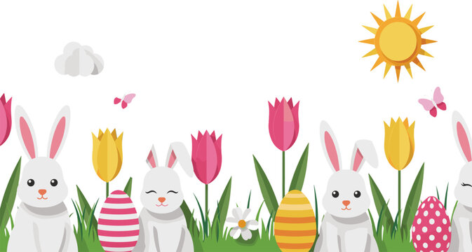 Flat style paper cut easter banner design with adorable rabbit characters colorful pattern eggs butterfly and shining sun vector