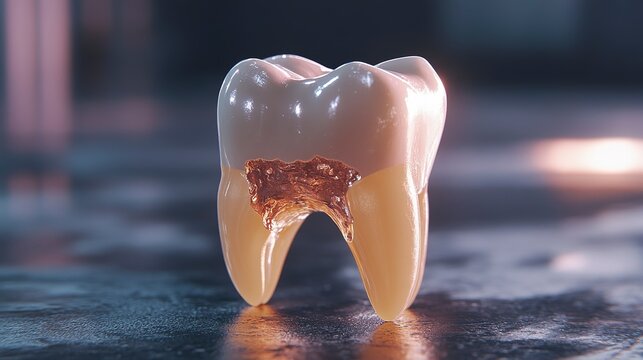 A shining tooth stands alone, showcasing its glossy surface and intricate inner details. The setting enhances its beauty with soft lighting, creating a serene and captivating atmosphere