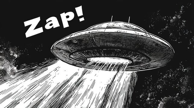 In a dark atmosphere filled with stars, a sleek spaceship hovers above, beams of light shooting downwards as it prepares for an unknown mission. The scene is filled with excitement and wonder