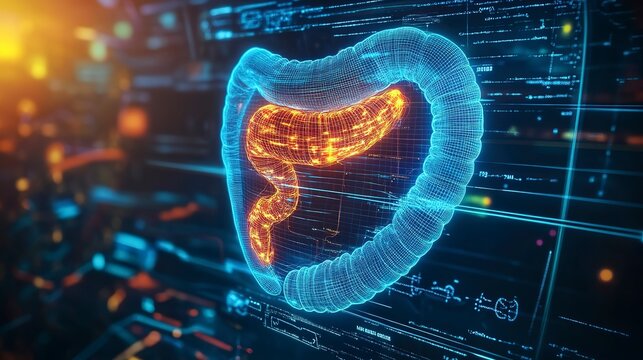 A brilliant digital display showcases a luminous, abstract model of the human digestive system against a backdrop of glowing data