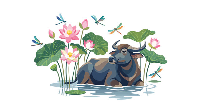Water Buffalo Resting Among Lotus Flowers and Dragonflies