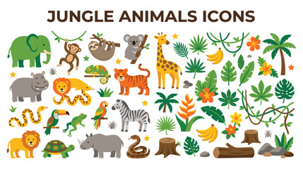 Obraz premium Collection of cute jungle animals and tropical plants icon set.