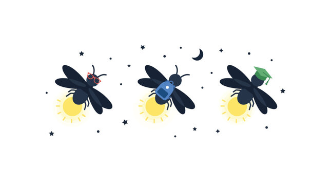 Cute cartoon fireflies flying in flight formation with school backpack glasses and graduation cap on starry night background vector illustration