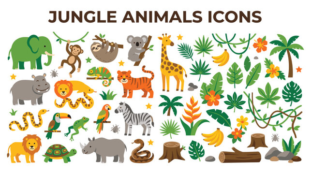 Collection of cute jungle animals and tropical plants icon set.