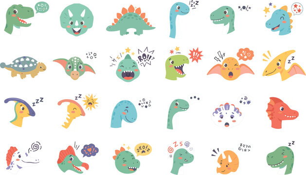 Cute dinosaur faces cartoon collection kawaii dino head expressions funny emotions speech bubbles vector illustration set isolated on white background