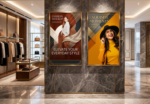 Two Vertical Poster Mockups on Marble Wall in Luxury Shop
