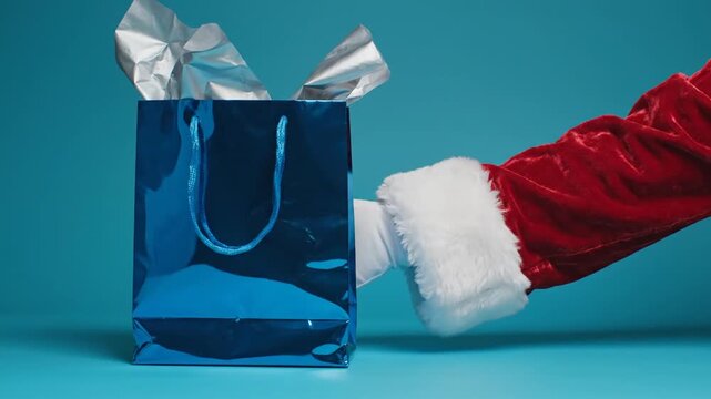 Santa Claus holding blue gift bag on blue background