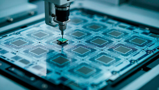 Automated machine arm precisely placing high tech microchip components onto blue circuit boards in a clean high speed industrial factory
