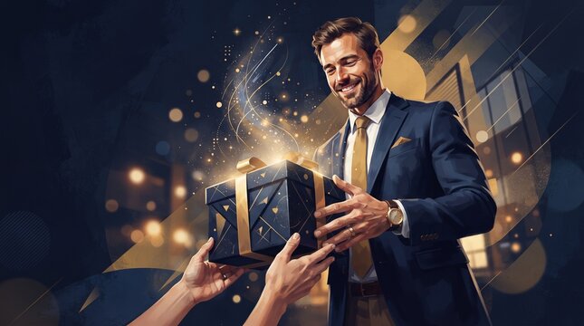 Businessman receiving gift box with magical effects at night for International Men's Day