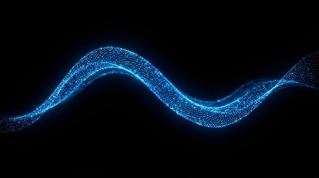 Abstract digital blue wave, glowing particle stream on black, futuristic technology background, sine motion, fluid data flow, modern graphic design visual effect, web banner
