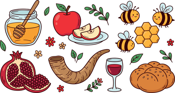Rosh Hashanah Jewish New Year vector illustration set with honey jar apples shofar pomegranate challah bread and cute cartoon bees isolated on white background