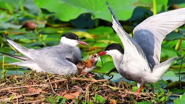 Whiskered Tern Family on Floating Nest Among Lotus Leaves